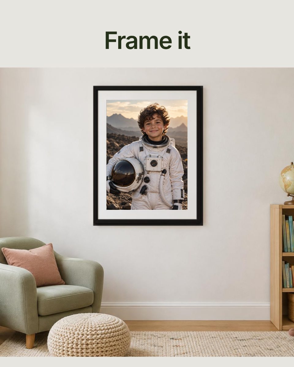 Sample made with AI: Leo’s everyday photo becomes a framed picture of him as an astronaut, then his certificate
